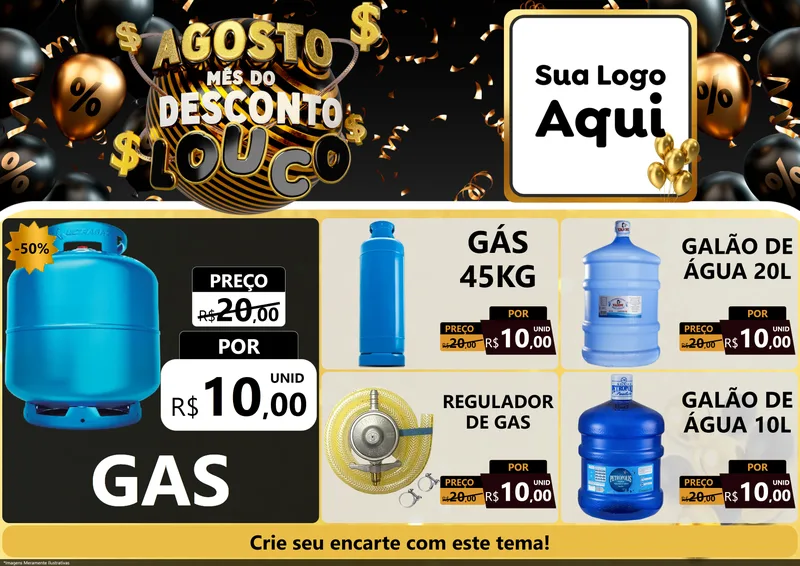 Modelo de Encarte para Encarte A4 Horizontal com o tema Agosto Mês do Desconto Louco para Água e gás