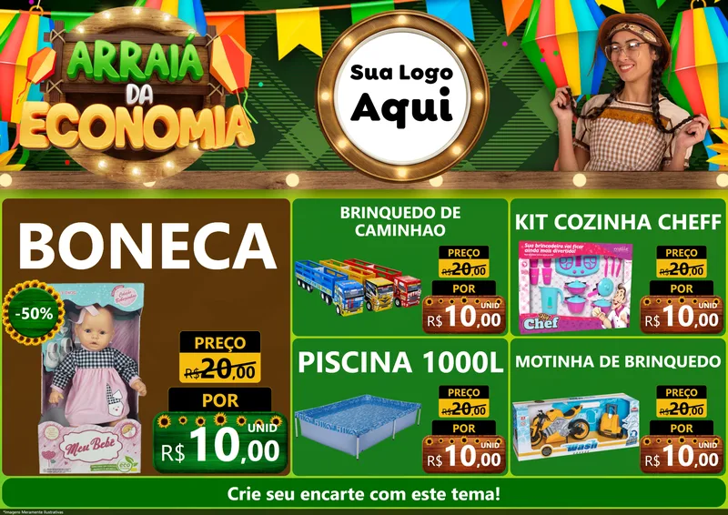 Modelo de Encarte para Encarte A4 Horizontal com o tema Arraiá de Economia para Brinquedos