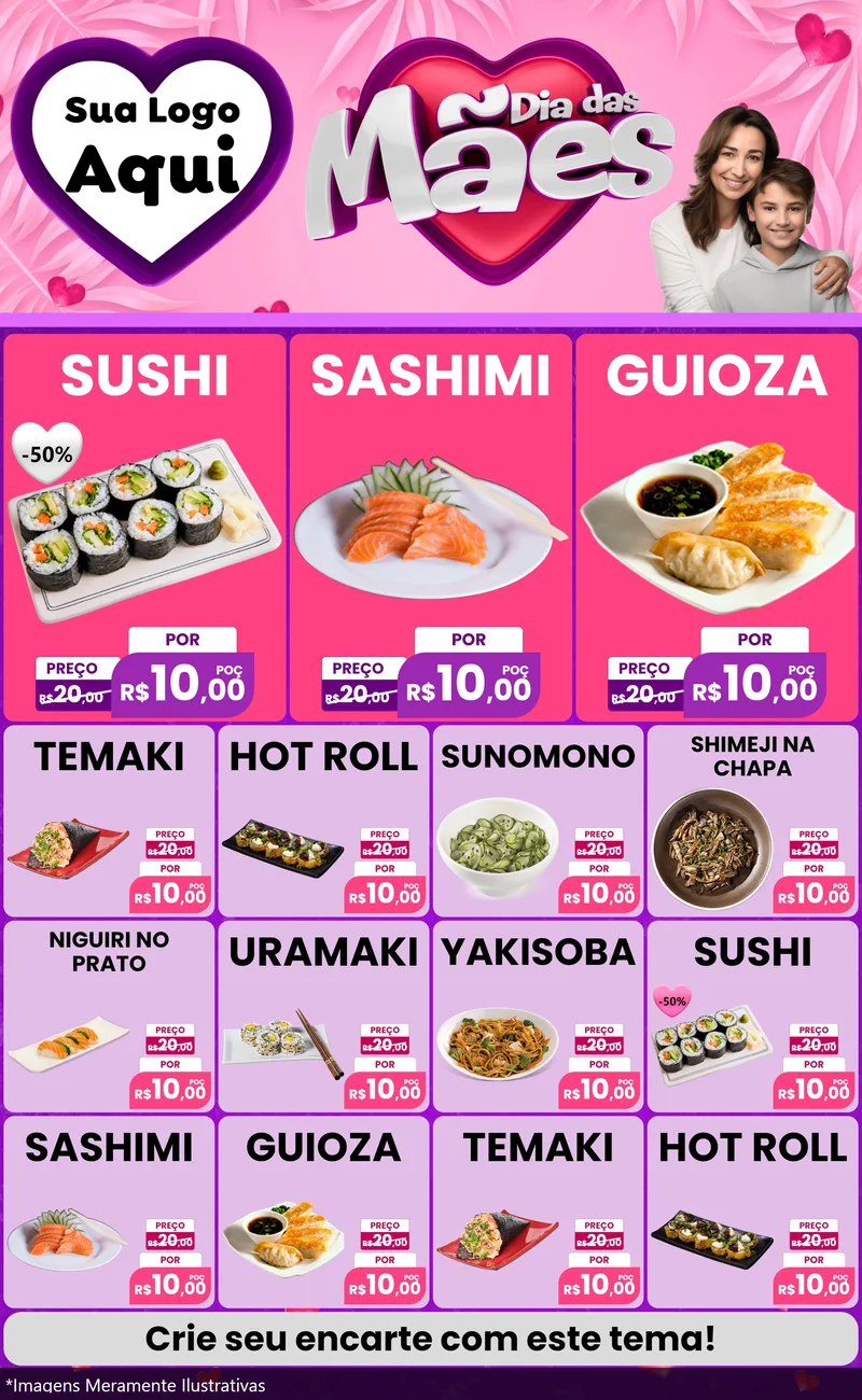 Modelo de Encarte para Encarte Grande com o tema Dia das Mães para Comida japonesa