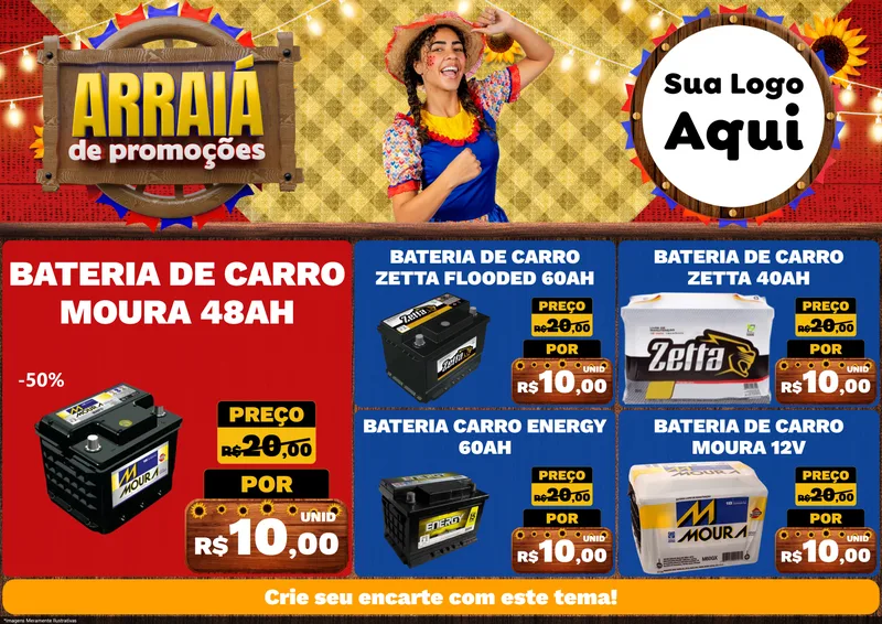 Modelo de Encarte para Encarte A4 Horizontal com o tema Arraiá de Promoções para Baterias Elétricas