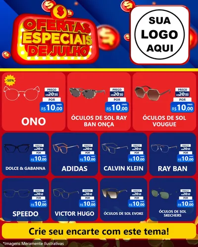 Modelo de Rede Social para Feed Instagram com o tema Ofertas Especiais de Julho para Óticas