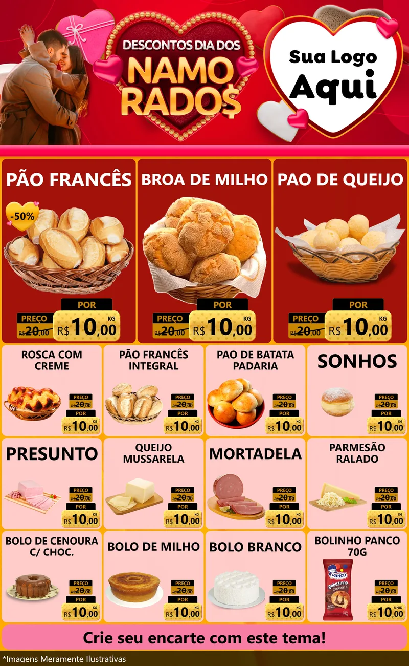 Modelo de Encarte para Encarte Grande com o tema Descontos Dia dos Namorados para Padaria