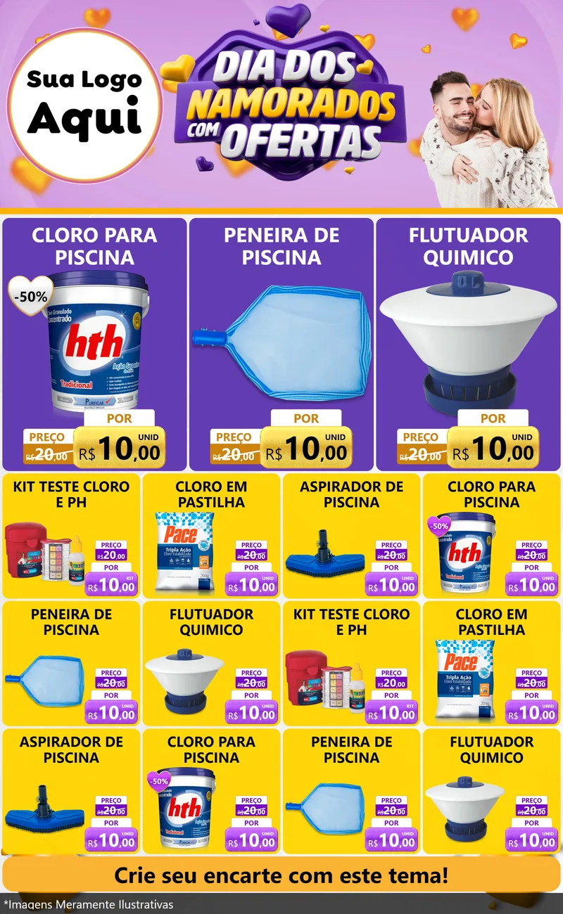 Modelo de Encarte para Encarte Grande com o tema Dia Dos Namorados Com Ofertas para Produtos para Piscina