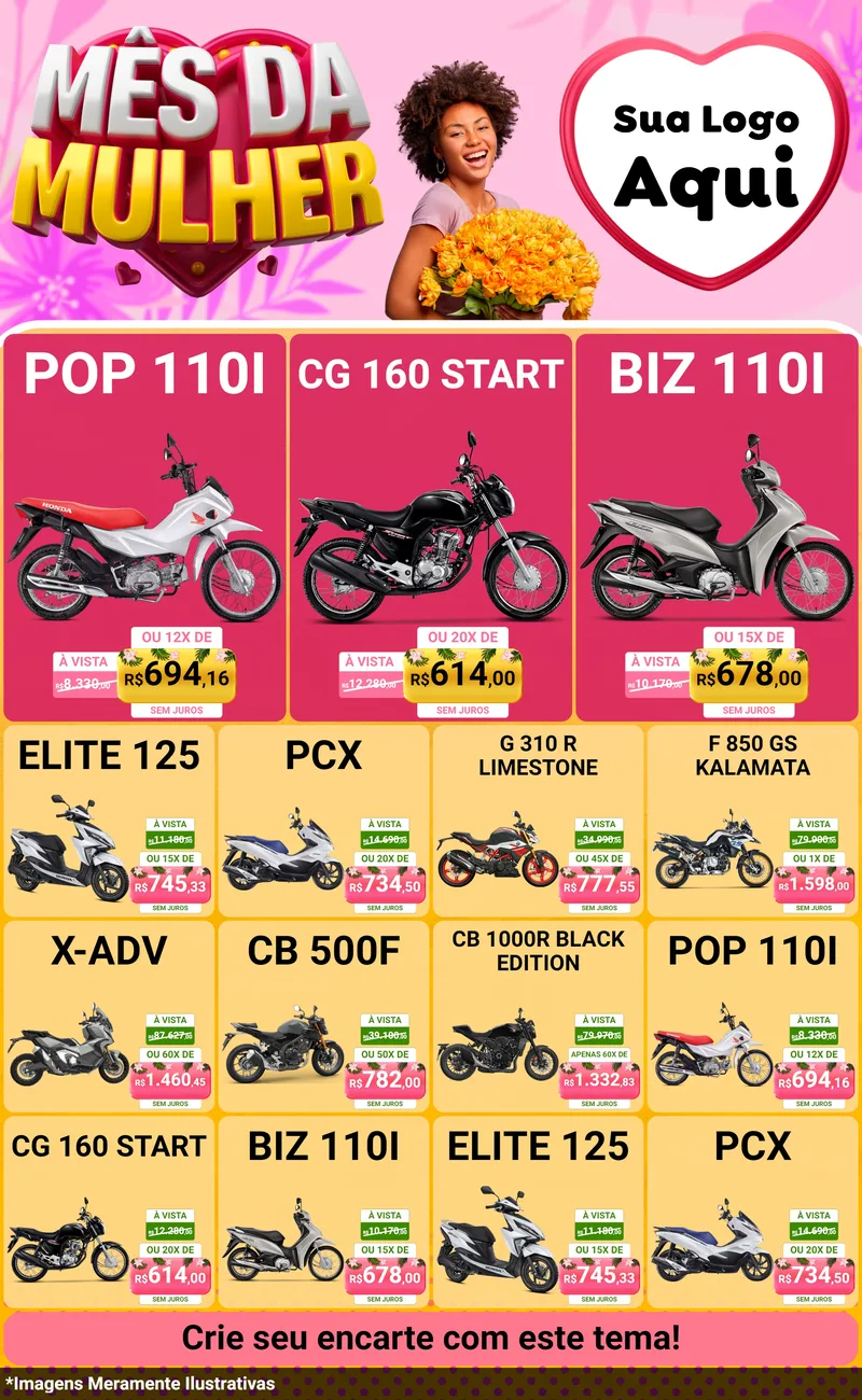 Modelo de Encarte para Encarte Grande com o tema Mês da Mulher para Concessionaria de Motos