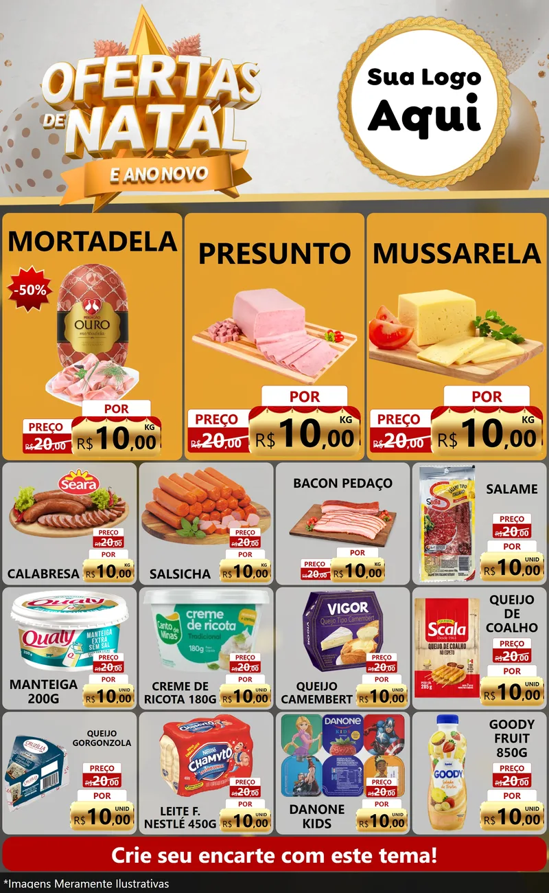 Modelo de Encarte para Encarte Grande com o tema Ofertas De Natal E Ano Novo para Frios e Laticínios