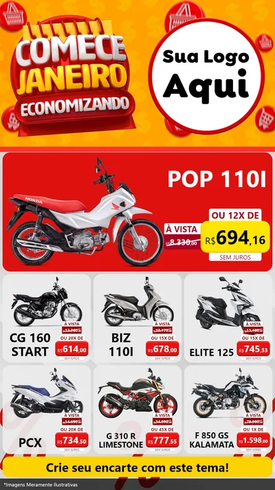 Modelo de Rede Social para Stories com o tema Comece Janeiro Economizando para Concessionaria de Motos