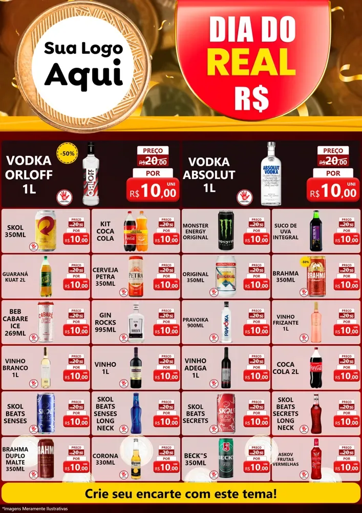Modelo de Encarte para Encarte A4 Vertical com o tema Dia do Real para Distribuidora de bebidas