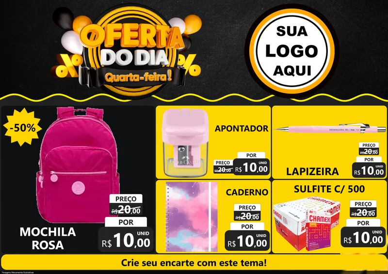 Modelo de Encarte para Encarte A4 Horizontal com o tema Oferta do Dia - Quarta Feira! para Papelaria
