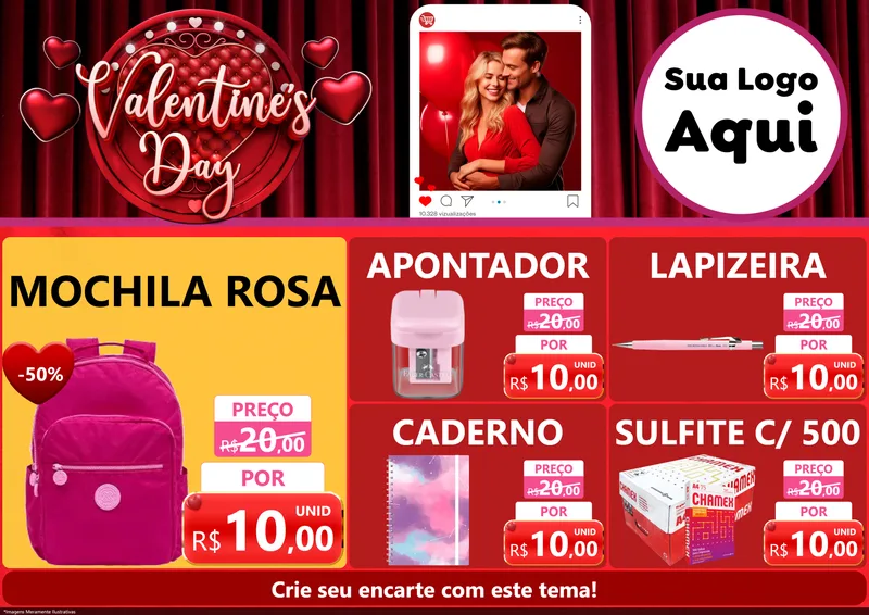 Modelo de Encarte para Encarte A4 Horizontal com o tema Valentine's Day para Papelaria