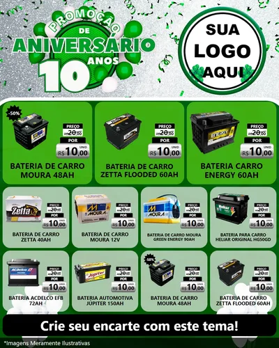 Modelo de Rede Social para Feed Instagram com o tema Promoção de Aniversário - 10 Anos para Baterias Elétricas