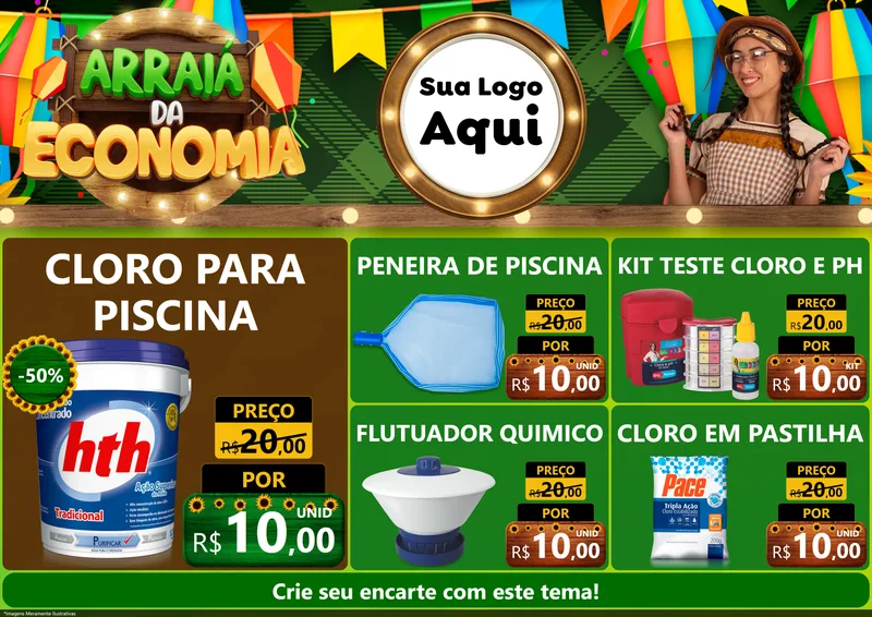 Modelo de Encarte para Encarte A4 Horizontal com o tema Arraiá de Economia para Produtos para Piscina