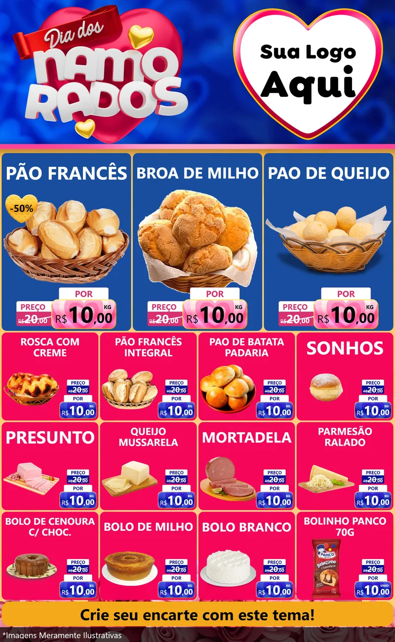 Modelo de Encarte para Encarte Grande com o tema Dia dos namorados para Padaria