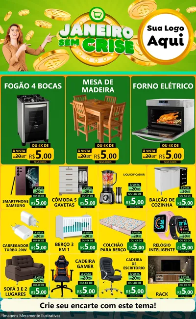Modelo de Encarte para Encarte Grande com o tema Janeiro Sem Crise para Móveis e Eletro
