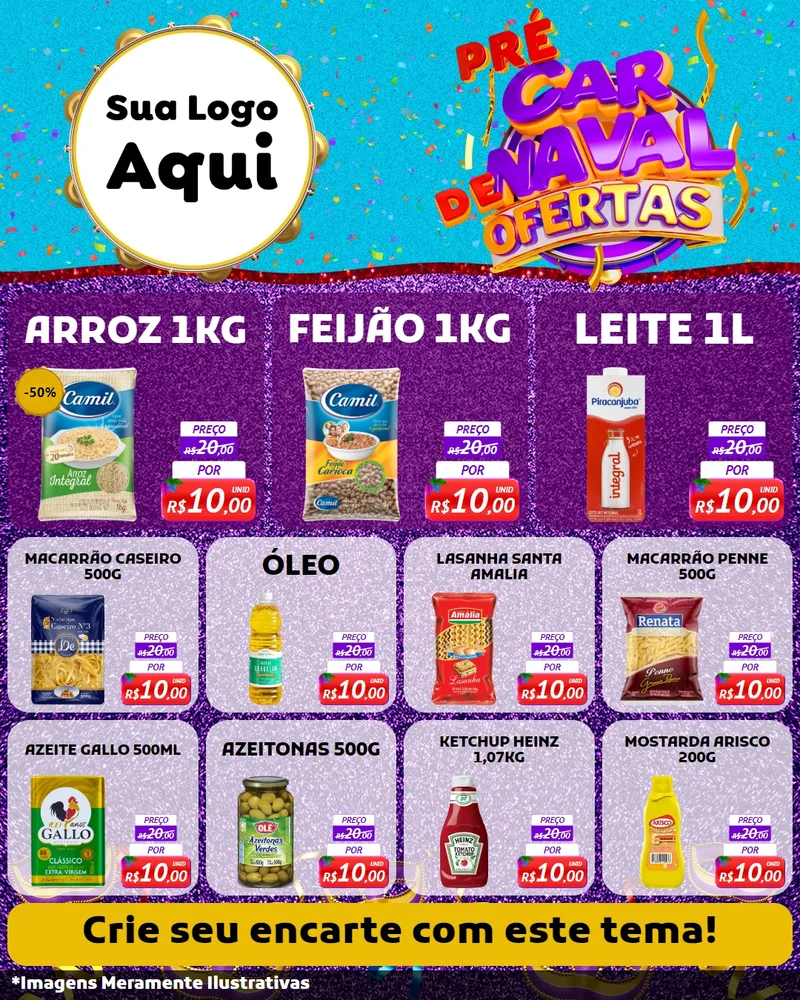 Modelo de Rede Social para Feed Instagram com o tema Pré Carnaval de Ofertas para Supermercado