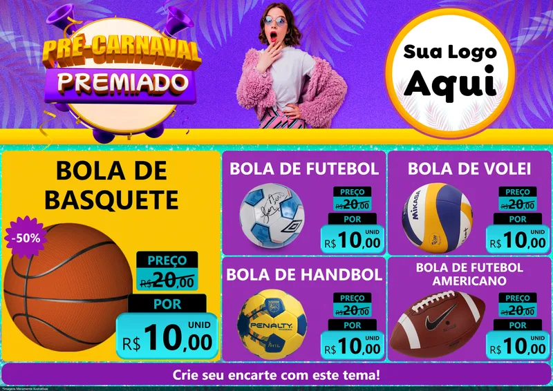 Modelo de Encarte para Encarte A4 Horizontal com o tema Pré-Carnaval Premiado para Artigos Esportivos
