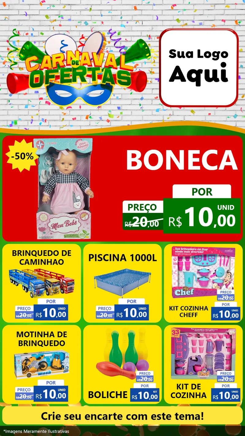 Modelo de Rede Social para Stories com o tema Carnaval de Ofertas para Brinquedos