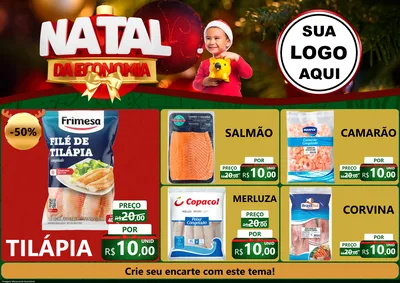 Modelo de Encarte para Encarte A4 Horizontal com o tema Natal da Economia para Peixaria