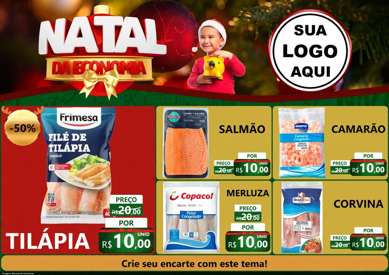 Modelo de Encarte para Encarte A4 Horizontal com o tema Natal da Economia para Peixaria