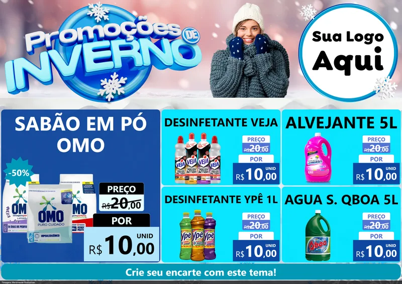 Modelo de Encarte para Encarte A4 Horizontal com o tema Promoções de Inverno para Produtos de Limpeza