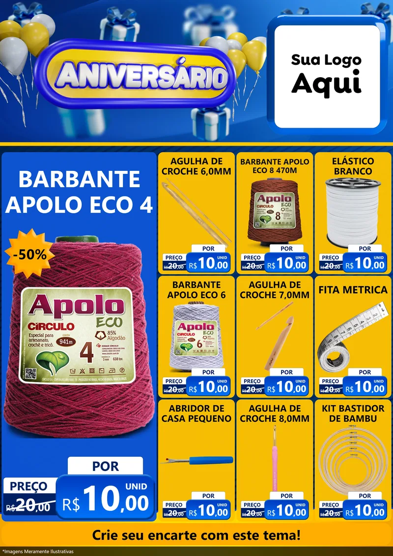 Modelo de Encarte para Encarte A4 Vertical com o tema Aniversário para Armarinho e Aviamentos