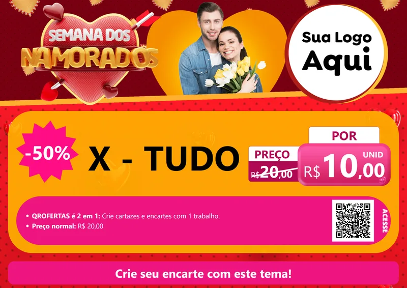 Modelo de Cartaz para Cartaz A4 Horizontal com o tema Semana dos Namorados para Hamburgueria