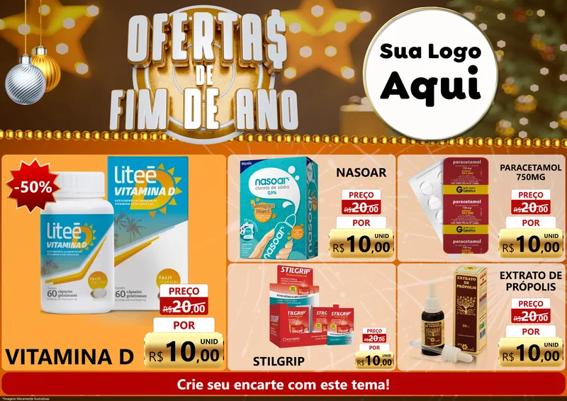 Modelo de Encarte para Encarte A4 Horizontal com o tema Ofertas de Fim de Ano para Farmácia