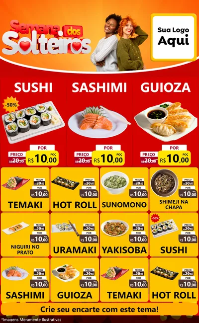Modelo de Encarte para Encarte Grande com o tema Semana dos Solteiros para Comida japonesa