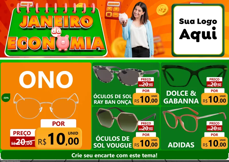 Modelo de Encarte para Encarte A4 Horizontal com o tema Janeiro da Economia para Óticas