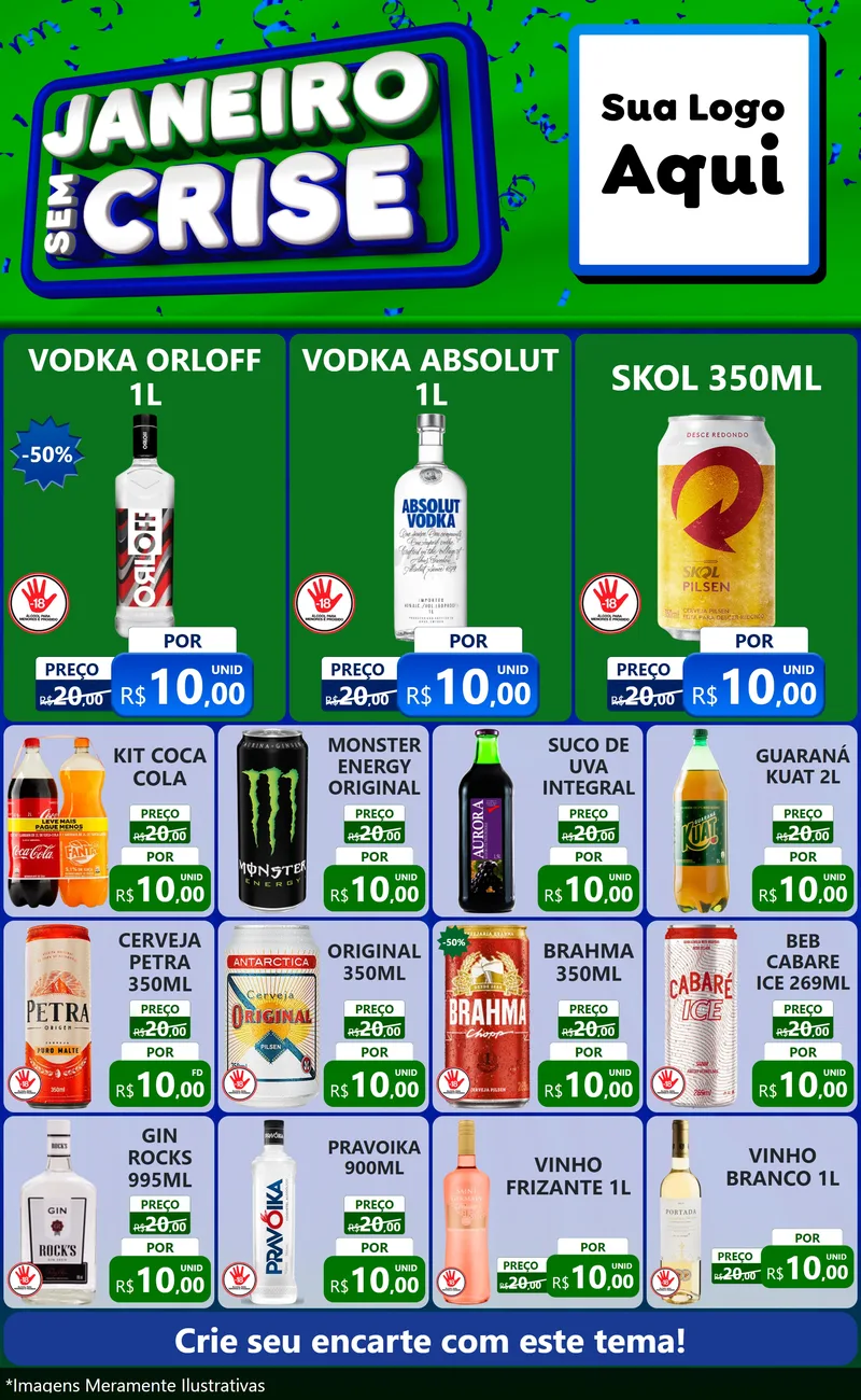 Modelo de Encarte para Encarte Grande com o tema Janeiro Sem Crise para Distribuidora de bebidas