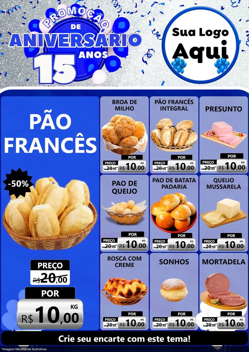 Modelo de Encarte para Encarte A4 Vertical com o tema Promoção de Aniversário - 15 Anos para Padaria