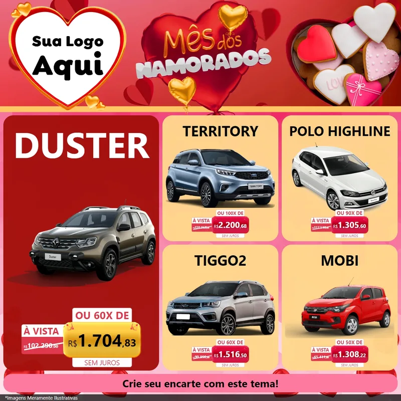 Modelo de Rede Social para Feed Facebook com o tema Mês dos Namorados para Concessionaria de Carros