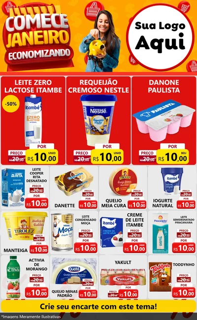 Modelo de Encarte para Encarte Grande com o tema Comece Janeiro Economizando para Frios e Laticínios