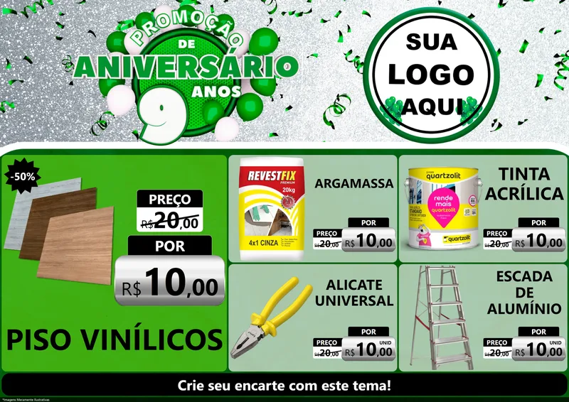 Modelo de Encarte para Encarte A4 Horizontal com o tema Promoção de Aniversário - 9 Anos para Material para Construção