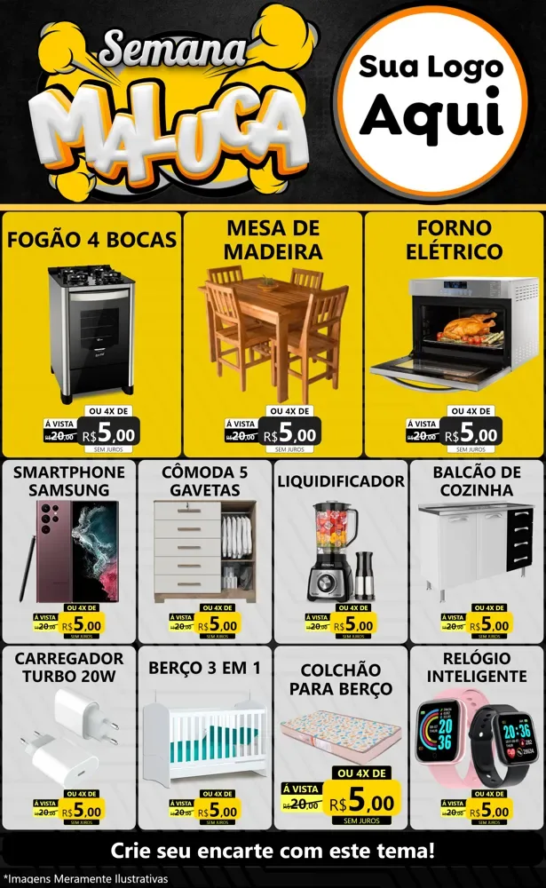 Modelo de Encarte para Encarte Grande com o tema Semana Maluca para Móveis e Eletro