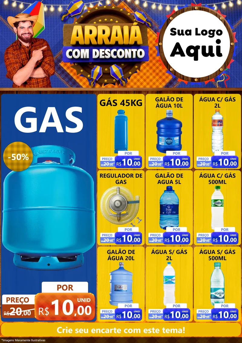 Modelo de Encarte para Encarte A4 Vertical com o tema Arraiá Com Desconto para Água e gás