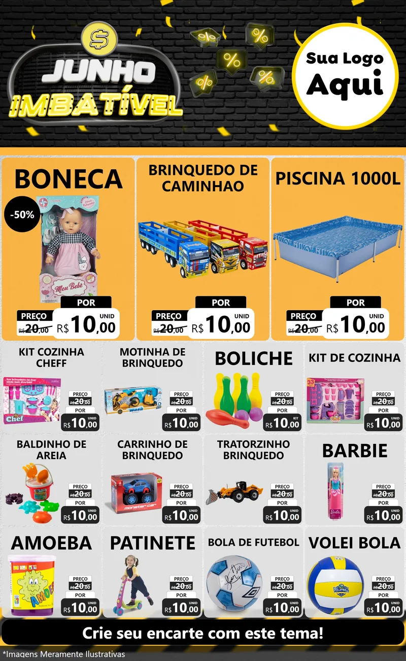 Modelo de Encarte para Encarte Grande com o tema Junho Imbatível para Brinquedos