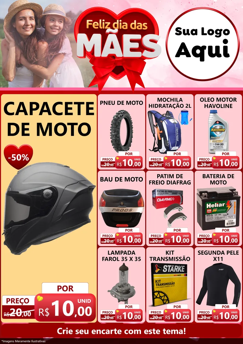 Modelo de Encarte para Encarte A4 Vertical com o tema Feliz Dia Das Mães para Moto peças