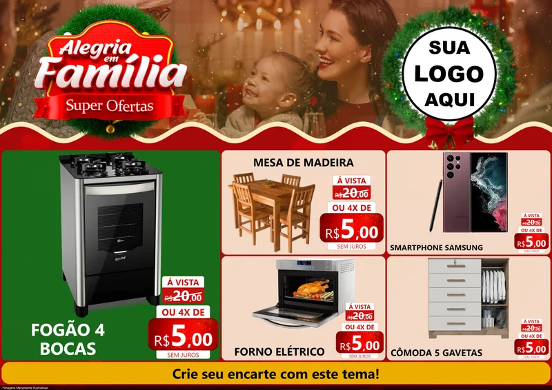 Modelo de Encarte para Encarte A4 Horizontal com o tema Alegria Em Família - Super Ofertas para Móveis e Eletro