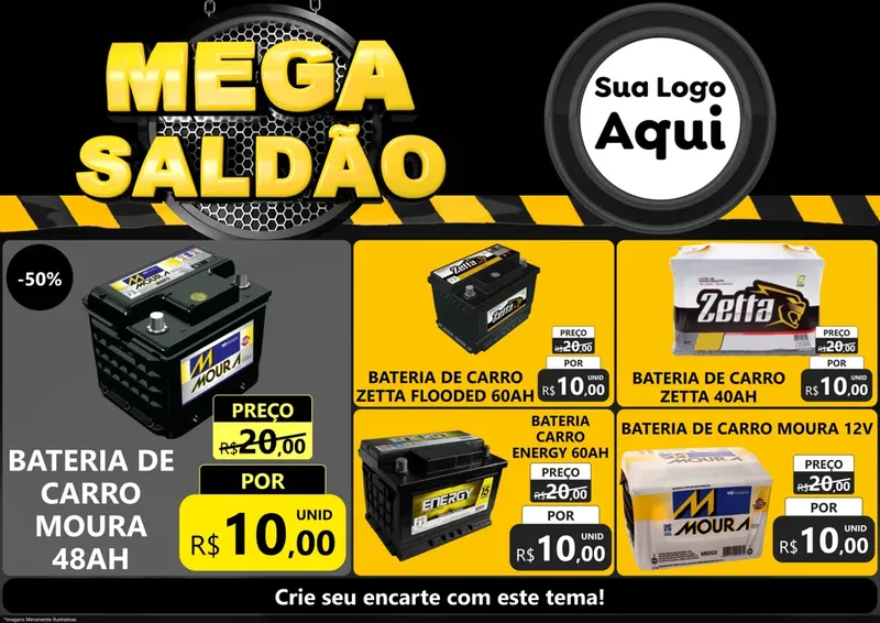 Modelo de Encarte para Encarte A4 Horizontal com o tema Mega Saldão para Baterias Elétricas