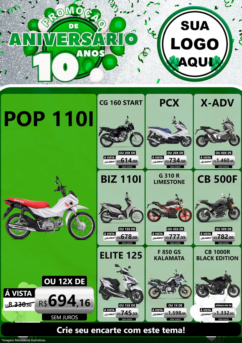 Modelo de Encarte para Encarte A4 Vertical com o tema Promoção de Aniversário - 10 Anos para Concessionaria de Motos