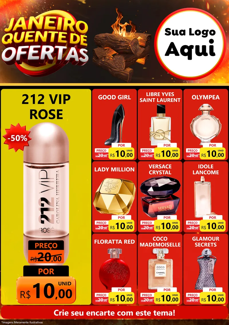 Modelo de Encarte para Encarte A4 Vertical com o tema Janeiro Quente de Ofertas para Perfumes