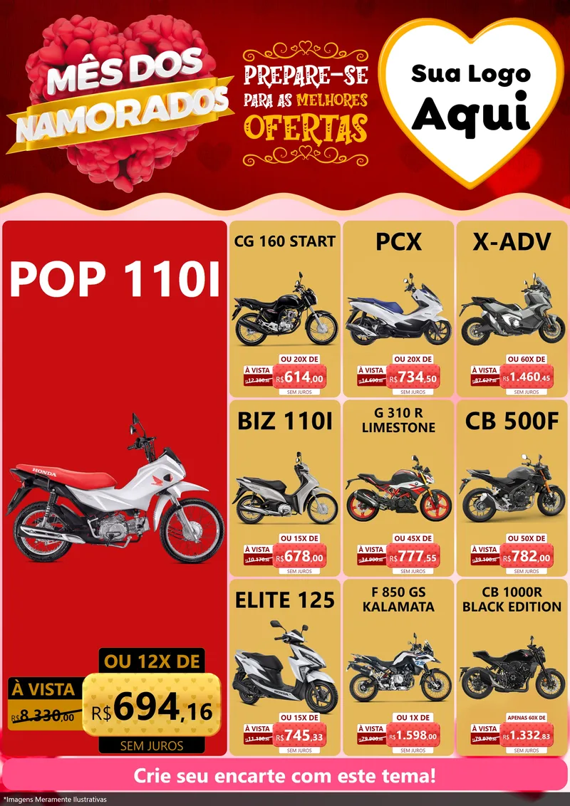 Modelo de Encarte para Encarte A4 Vertical com o tema Mês dos Namorados para Concessionaria de Motos