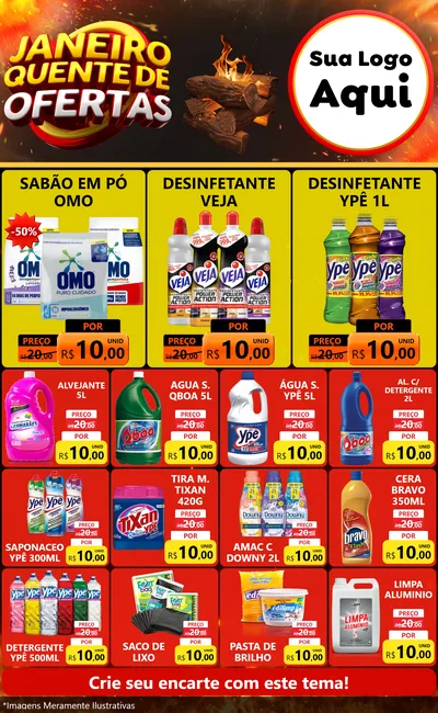Modelo de Encarte para Encarte Grande com o tema Janeiro Quente de Ofertas para Produtos de Limpeza
