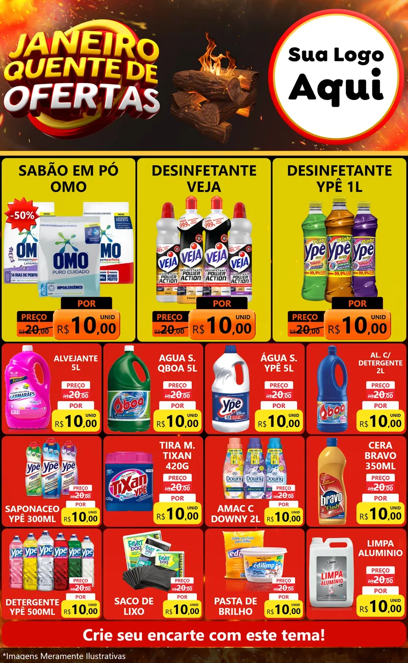 Modelo de Encarte para Encarte Grande com o tema Janeiro Quente de Ofertas para Produtos de Limpeza