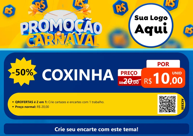 Modelo de Cartaz para Cartaz A4 Horizontal com o tema Promoção de Carnaval para Salgadaria