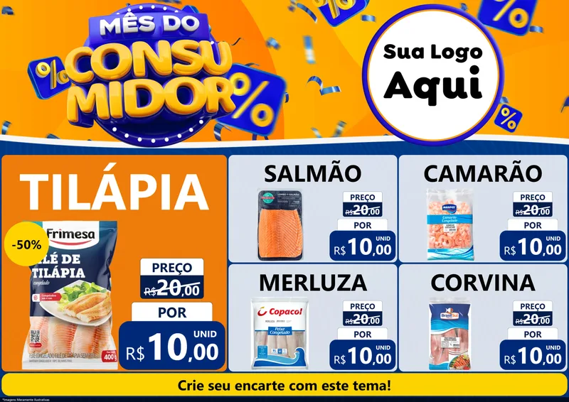 Modelo de Encarte para Encarte A4 Horizontal com o tema Mês do Consumidor para Peixaria