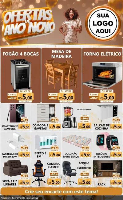 Modelo de Encarte para Encarte Grande com o tema Ofertas de Ano Novo para Móveis e Eletro