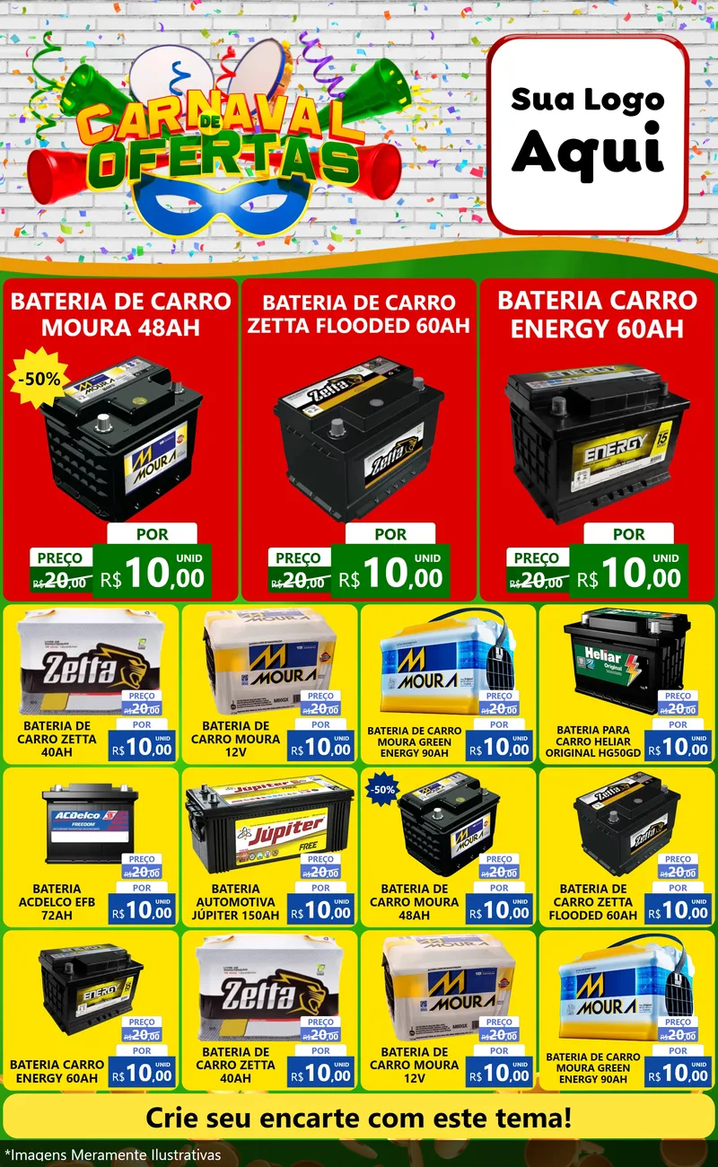 Modelo de Encarte para Encarte Grande com o tema Carnaval de Ofertas para Baterias Elétricas