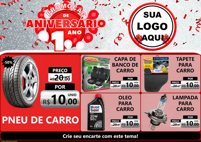 Modelo de Encarte para Encarte A4 Horizontal com o tema Promoção de Aniversário - 1 Ano para Auto peças