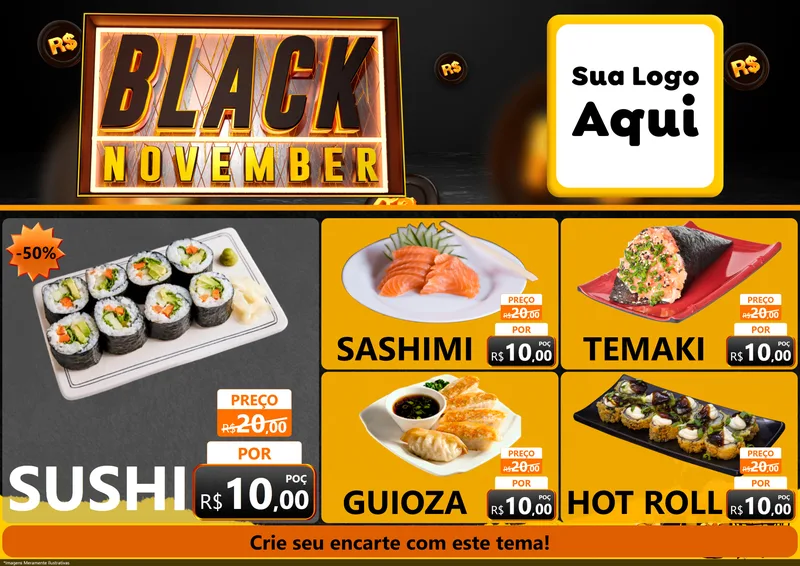Modelo de Encarte para Encarte A4 Horizontal com o tema Black November para Comida japonesa